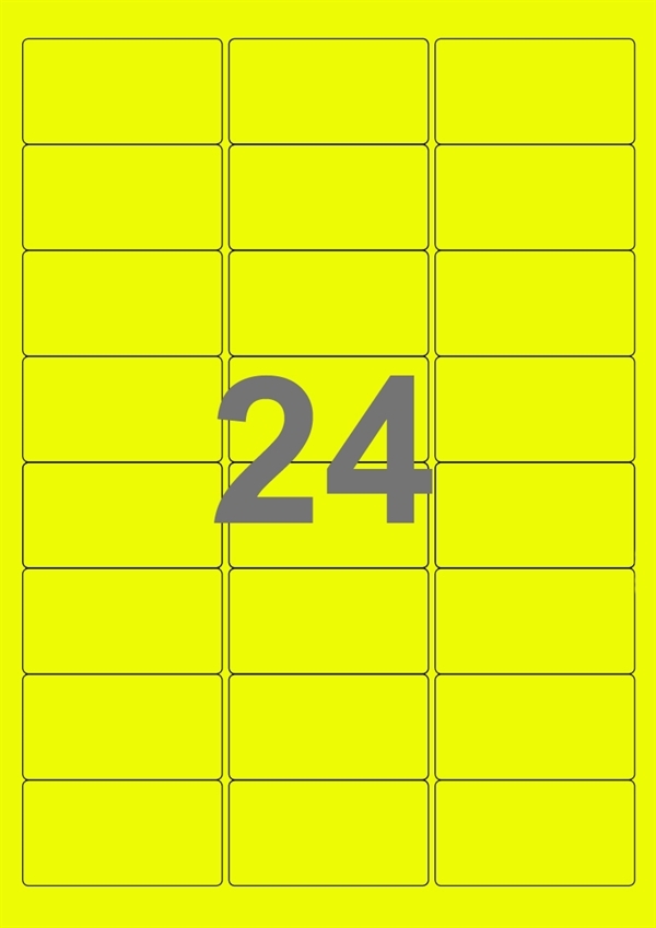 A4-etiketter, 24 Udstansede etiketter/ark, 64,0 x 33,9 mm, neon gul, 100 ark
